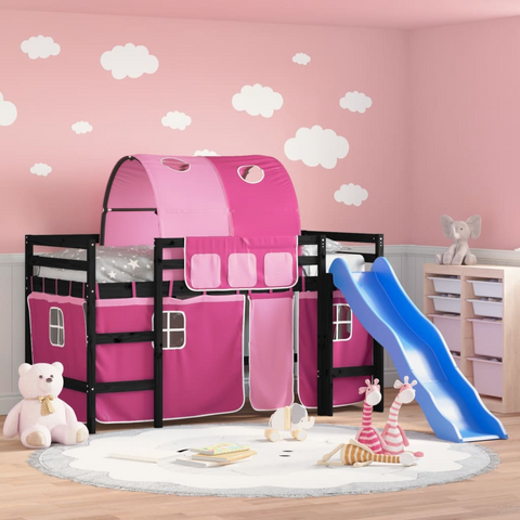 Kids' Loft Bed with Fun Slide, Tunnel & Curtains - Pink, 90x190 cm, Solid Pine Wood, Single Bed for Girls