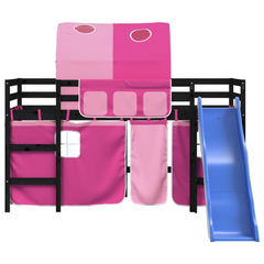 Kids' Loft Bed with Fun Slide, Tunnel & Curtains - Pink, 90x190 cm, Solid Pine Wood, Single Bed for Girls