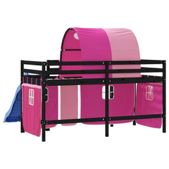 Kids' Loft Bed with Fun Slide, Tunnel & Curtains - Pink, 90x190 cm, Solid Pine Wood, Single Bed for Girls