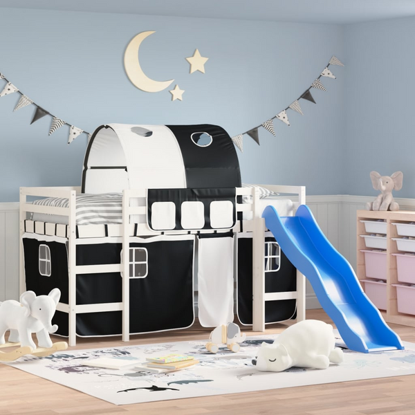 Kids' White & Black Loft Bed with Fun Tunnel - 90x200cm, Solid Pine Wood, Space-Saving Design