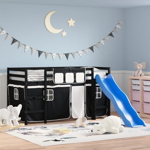 Kids' Loft Bed with Fun Curtains, Ladder & Slide - 90x200cm, Solid Pine Wood, White & Black