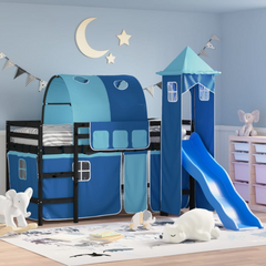 Kids' Loft Bed with Fun Tower & Slide - 80x200 cm, Blue, Solid Pinewood Frame, Space-Saving Design, Safety Guardrails, for Children Aged 6+