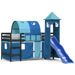 Kids' Loft Bed with Fun Tower & Slide - 80x200 cm, Blue, Solid Pinewood Frame, Space-Saving Design, Safety Guardrails, for Children Aged 6+