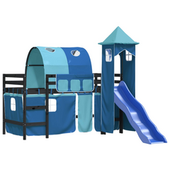 Kids' Loft Bed with Fun Tower & Slide - 80x200 cm, Blue, Solid Pinewood Frame, Space-Saving Design, Safety Guardrails, for Children Aged 6+