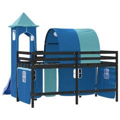 Kids' Loft Bed with Fun Tower & Slide - 80x200 cm, Blue, Solid Pinewood Frame, Space-Saving Design, Safety Guardrails, for Children Aged 6+