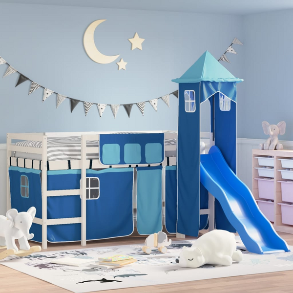 Fun & Functional Kids' Loft Bed with Tower - Blue, Single 90x190 cm - Solid Pine Wood