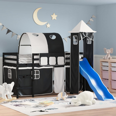 Kids' Loft Bed with Fun Tower White & Black - Solid Pine Wood, Space-Saving, Safe & Playful Design, 90x190cm