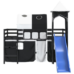 Kids' Loft Bed with Fun Tower White & Black - Solid Pine Wood, Space-Saving, Safe & Playful Design, 90x190cm