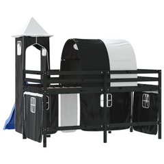 Kids' Loft Bed with Fun Tower White & Black - Solid Pine Wood, Space-Saving, Safe & Playful Design, 90x190cm