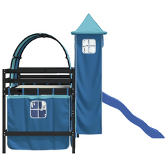 Kids' Loft Bed with Slide, Tower & Curtains - Blue, Solid Pine Wood, 90x190 cm, Space-Saving & Fun Design