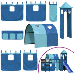 Kids' Loft Bed with Slide, Tower & Curtains - Blue, Solid Pine Wood, 90x190 cm, Space-Saving & Fun Design