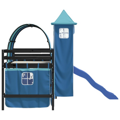 Kids' Loft Bed with Tower, Slide & Fun Curtains - Blue 90x200 cm - Solid Pine Wood, Space-Saving & Playful Design