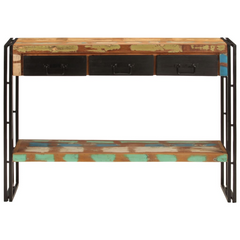 Industrial Console Table | 110x30x76 cm | Solid Reclaimed Wood & Iron Legs | Ample Storage with 3 Drawers & Shelf | Eco-Friendly, Unique Handmade Design