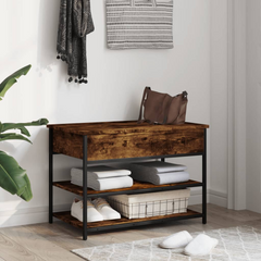 Shoe Bench in Smoked Oak - 70x42.5x50 cm | Engineered Wood Entryway Organizer with Storage