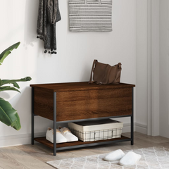 Brown Oak Storage Bench - 70x42.5x47 cm, Engineered Wood with Metal Frame, Versatile & Sturdy with Ample Storage Space