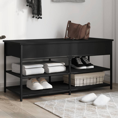 Black Shoe Bench – Durable Engineered Wood & Metal Frame, 100x42.5x50 cm, Storage Solution for Hallway & Living Room