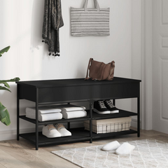 Black Shoe Bench – Durable Engineered Wood & Metal Frame, 100x42.5x50 cm, Storage Solution for Hallway & Living Room