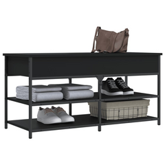 Black Shoe Bench – Durable Engineered Wood & Metal Frame, 100x42.5x50 cm, Storage Solution for Hallway & Living Room