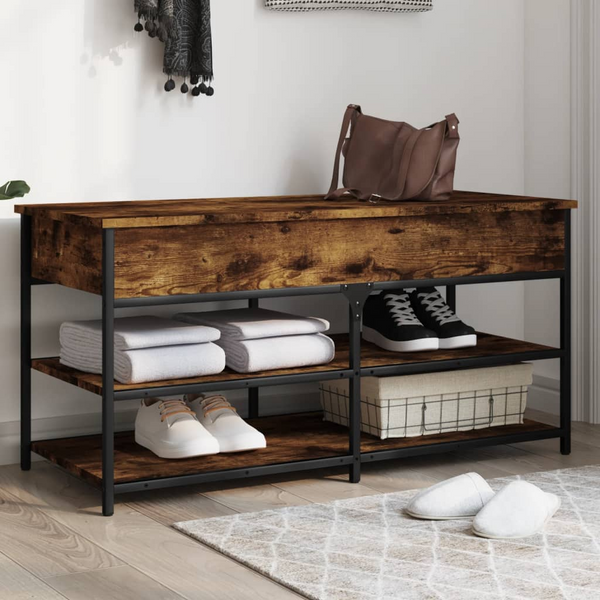 Smoked Oak Shoe Bench - 100x42.5x50 cm Engineered Wood with Metal Frame - Ample Storage & Adjustable Feet