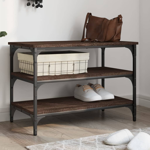 Brown Oak Shoe Bench | 3-Tier Storage, Engineered Wood & Metal | 70x38.5x49 cm