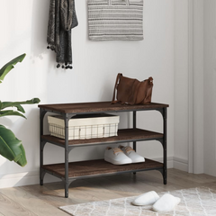 Brown Oak Shoe Bench | 3-Tier Storage, Engineered Wood & Metal | 70x38.5x49 cm