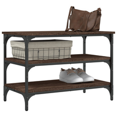 Brown Oak Shoe Bench | 3-Tier Storage, Engineered Wood & Metal | 70x38.5x49 cm