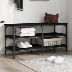 Black Shoe Bench with Storage | 100x38.5x49 cm | Engineered Wood & Metal Frame