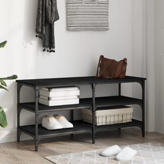 Black Shoe Bench with Storage | 100x38.5x49 cm | Engineered Wood & Metal Frame