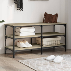 Stylish Shoe Bench in Sonoma Oak Finish – 100x38.5x49 cm | Engineered Wood & Metal | 3-Tier Storage Shelves