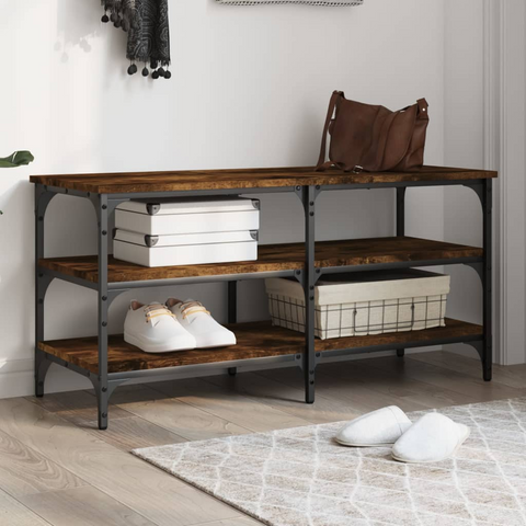 Smoked Oak Shoe Bench - 100x38.5x49 cm, Engineered Wood with Metal Frame, 3-Tier Storage, Adjustable Feet