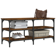 Smoked Oak Shoe Bench - 100x38.5x49 cm, Engineered Wood with Metal Frame, 3-Tier Storage, Adjustable Feet