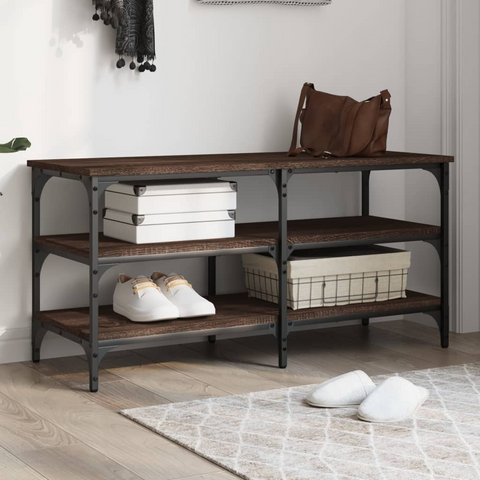 Brown Oak Shoe Bench - 100x38.5x49 cm, Engineered Wood & Metal Frame, Versatile Storage Solution