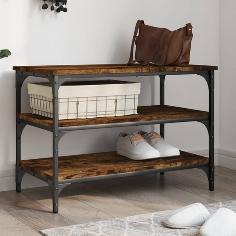 Smoked Oak Shoe Bench - 3-Tier Storage, Engineered Wood with Metal Frame, 70x38.5x49 cm