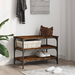 Smoked Oak Shoe Bench - 3-Tier Storage, Engineered Wood with Metal Frame, 70x38.5x49 cm