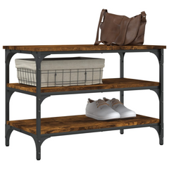 Smoked Oak Shoe Bench - 3-Tier Storage, Engineered Wood with Metal Frame, 70x38.5x49 cm