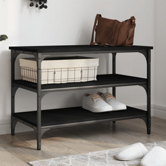 Shoe Bench - Stylish Black 70x38.5x49 cm - Durable Engineered Wood with Metal Frame, 3-Tier Storage, Adjustable Feet