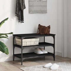 Shoe Bench - Stylish Black 70x38.5x49 cm - Durable Engineered Wood with Metal Frame, 3-Tier Storage, Adjustable Feet