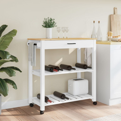 Kitchen Trolley - 84x40x90 cm | Solid Pine Wood Mobile Cart with Storage Drawers & Shelves | Rustic White & Honey Finish | Portable Organizer for Kitchen, Living Room, Bathroom