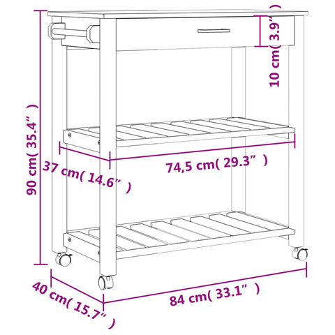 Kitchen Trolley - 84x40x90 cm | Solid Pine Wood Mobile Cart with Storage Drawers & Shelves | Rustic White & Honey Finish | Portable Organizer for Kitchen, Living Room, Bathroom