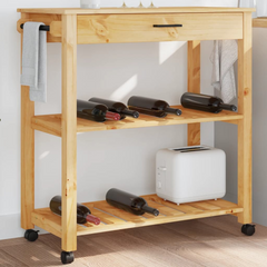 Kitchen Trolley | 84x40x90 cm | Solid Pine Wood | Mobile Storage Cart with Drawer, Shelves, Hooks, and Wheels