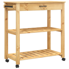 Kitchen Trolley | 84x40x90 cm | Solid Pine Wood | Mobile Storage Cart with Drawer, Shelves, Hooks, and Wheels