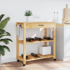 Kitchen Trolley | 84x40x90 cm | Solid Pine Wood | Mobile Storage Cart with Drawer, Shelves, Hooks, and Wheels