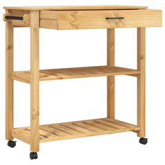 Kitchen Trolley | 84x40x90 cm | Solid Pine Wood | Mobile Storage Cart with Drawer, Shelves, Hooks, and Wheels