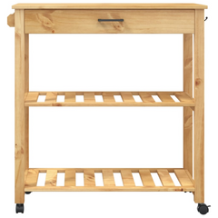 Kitchen Trolley | 84x40x90 cm | Solid Pine Wood | Mobile Storage Cart with Drawer, Shelves, Hooks, and Wheels