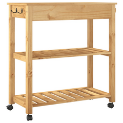 Kitchen Trolley | 84x40x90 cm | Solid Pine Wood | Mobile Storage Cart with Drawer, Shelves, Hooks, and Wheels