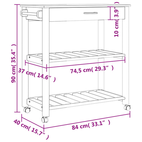 Kitchen Trolley | 84x40x90 cm | Solid Pine Wood | Mobile Storage Cart with Drawer, Shelves, Hooks, and Wheels