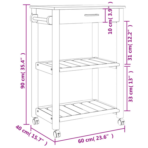 Solid Pine Wood Kitchen Trolley - 60x40x90 cm - Vintage Style with Ample Storage and Mobility