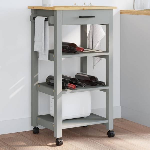 Solid Pine Wood Kitchen Trolley 48x40x90 cm - Rustic Storage Cart with Wheels and Shelves