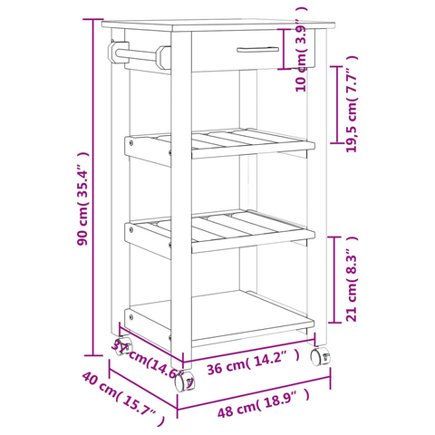 Solid Pine Wood Kitchen Trolley 48x40x90 cm - Rustic Storage Cart with Wheels and Shelves