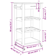 Solid Pine Wood Kitchen Trolley 48x40x90 cm - Rustic Storage Cart with Wheels and Shelves